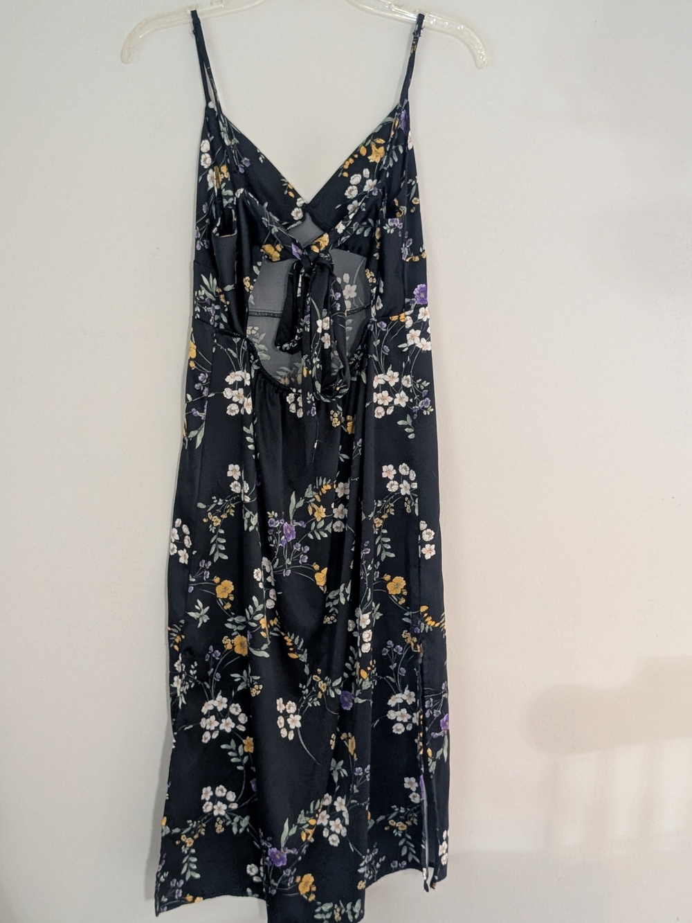 Pink Rose Black Floral Backless Slip Dress with Tie